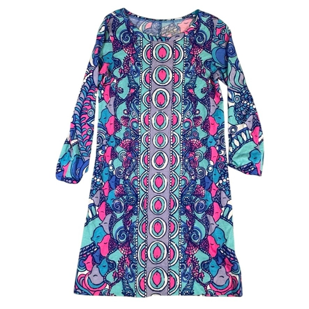 Lilly Pulitzer Blue Pink Pima Cotton Long Sleeve Shift Dress XS